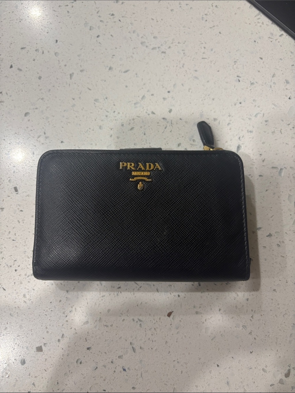 Prada Black Saffiano Zip-Around Card Wallet with Gold Logo
